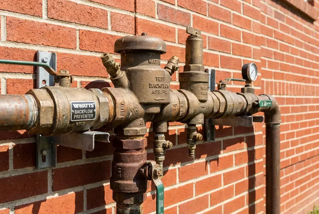Brass backflow preventer assembly mounted on an exterior brick wall