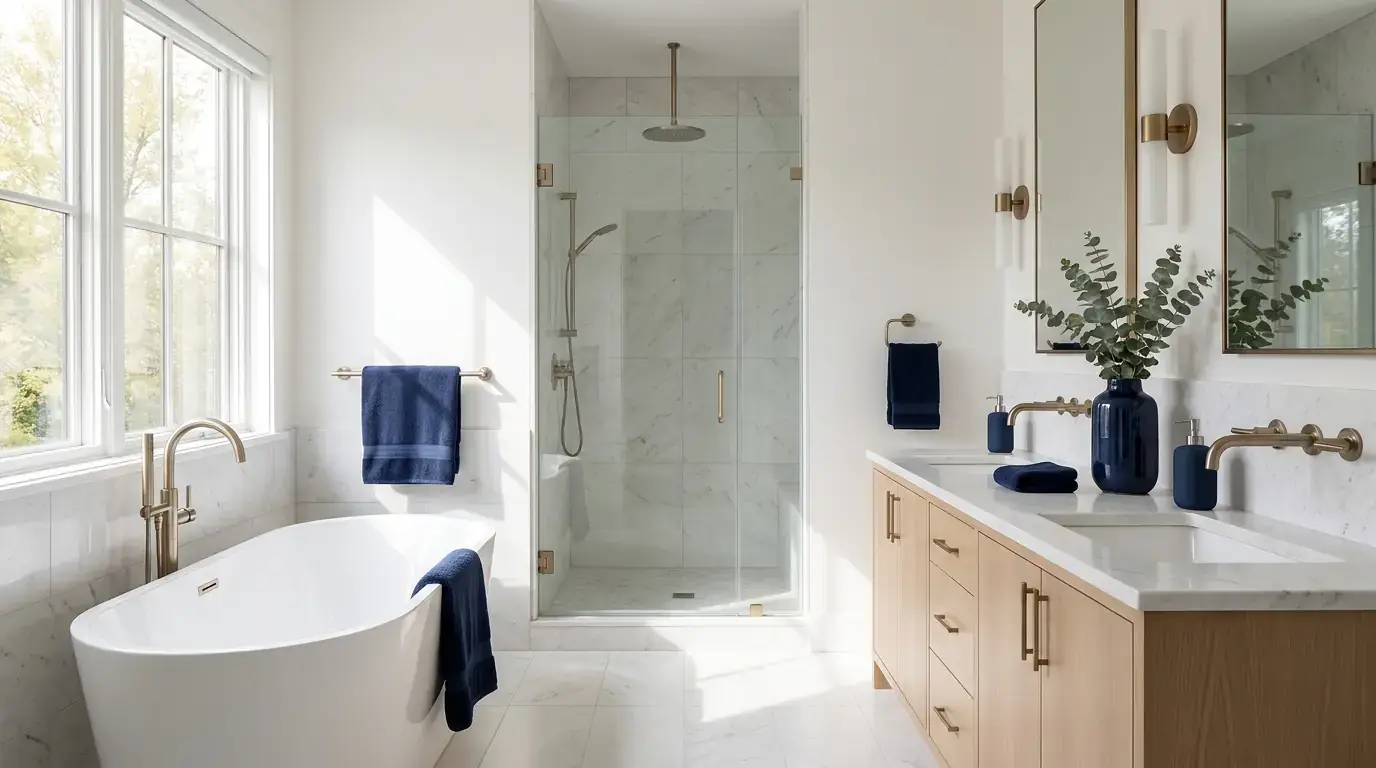 Modern bathroom with a freestanding tub, glass shower enclosure and twin vanity