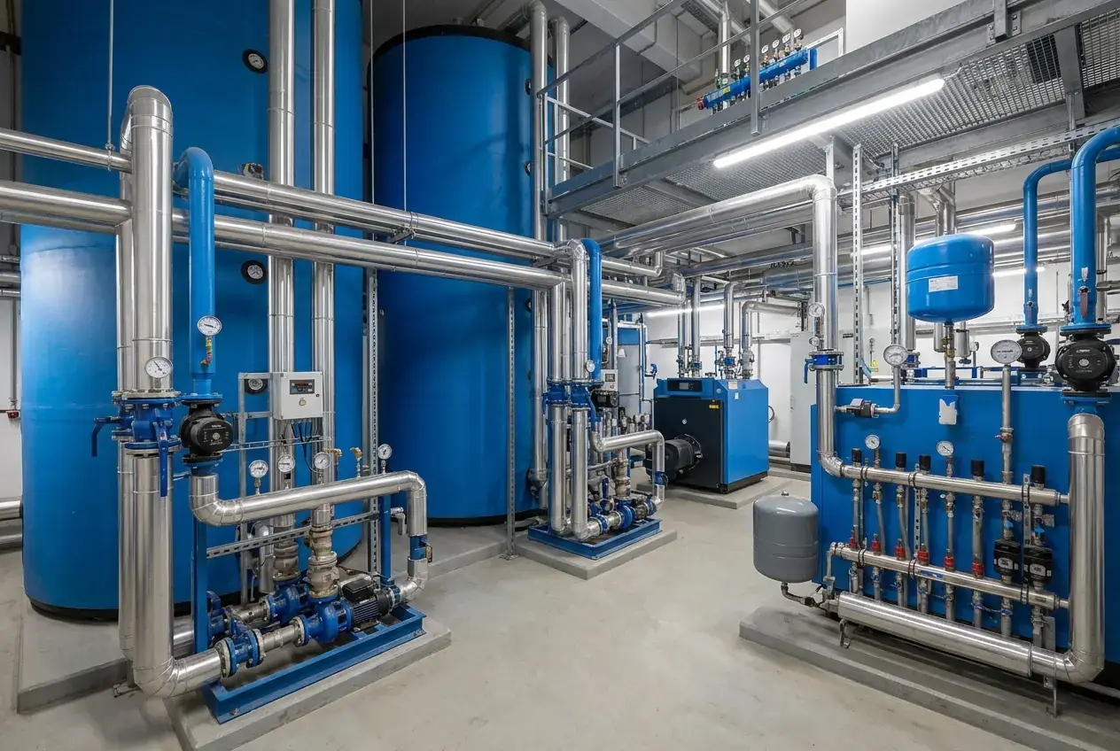 Commercial plant room with storage tanks, circulation pumps and manifolds