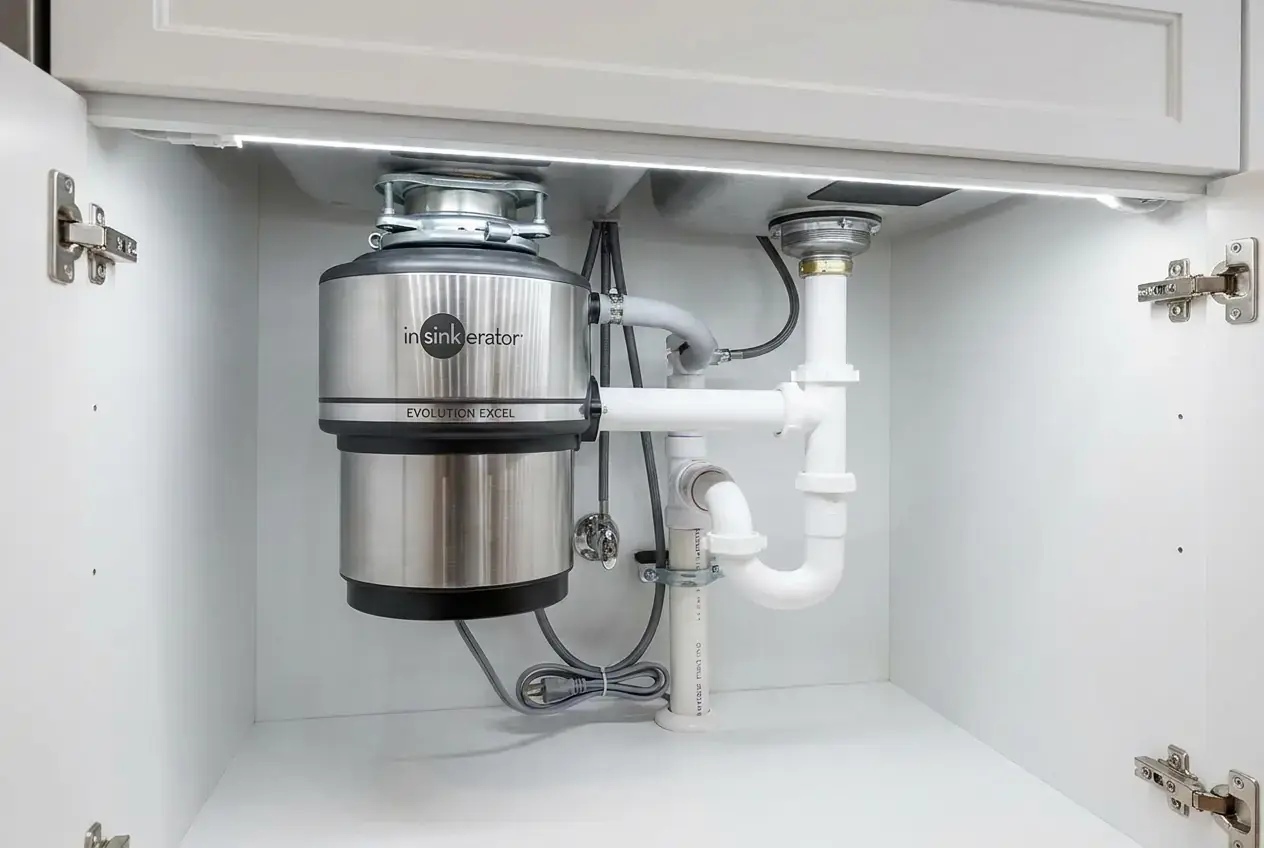 Garbage disposal and P-trap in the cabinet beneath a kitchen sink