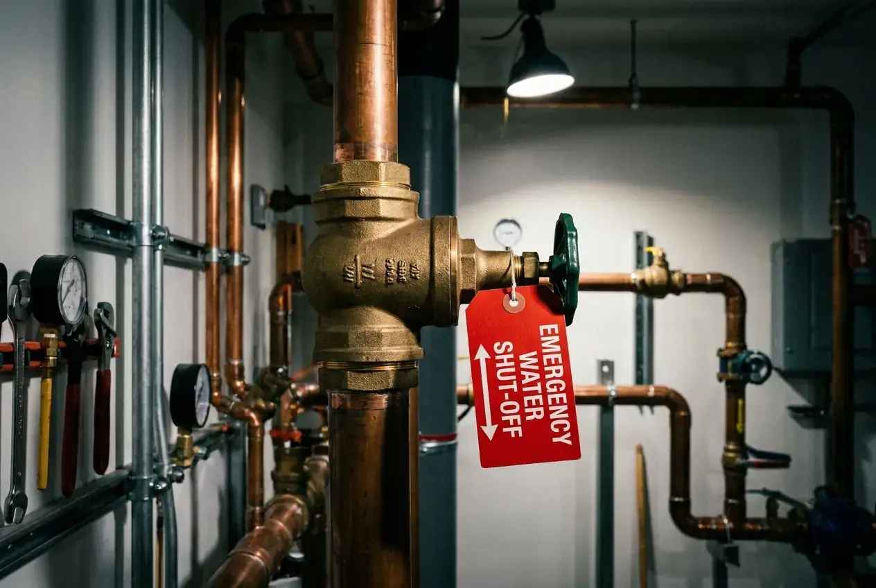 Brass main water shut-off valve carrying an emergency shut-off tag
