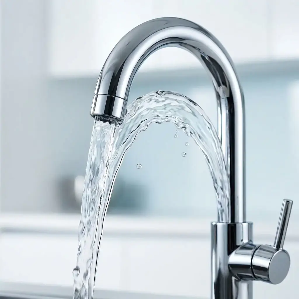Water running from a chrome kitchen faucet