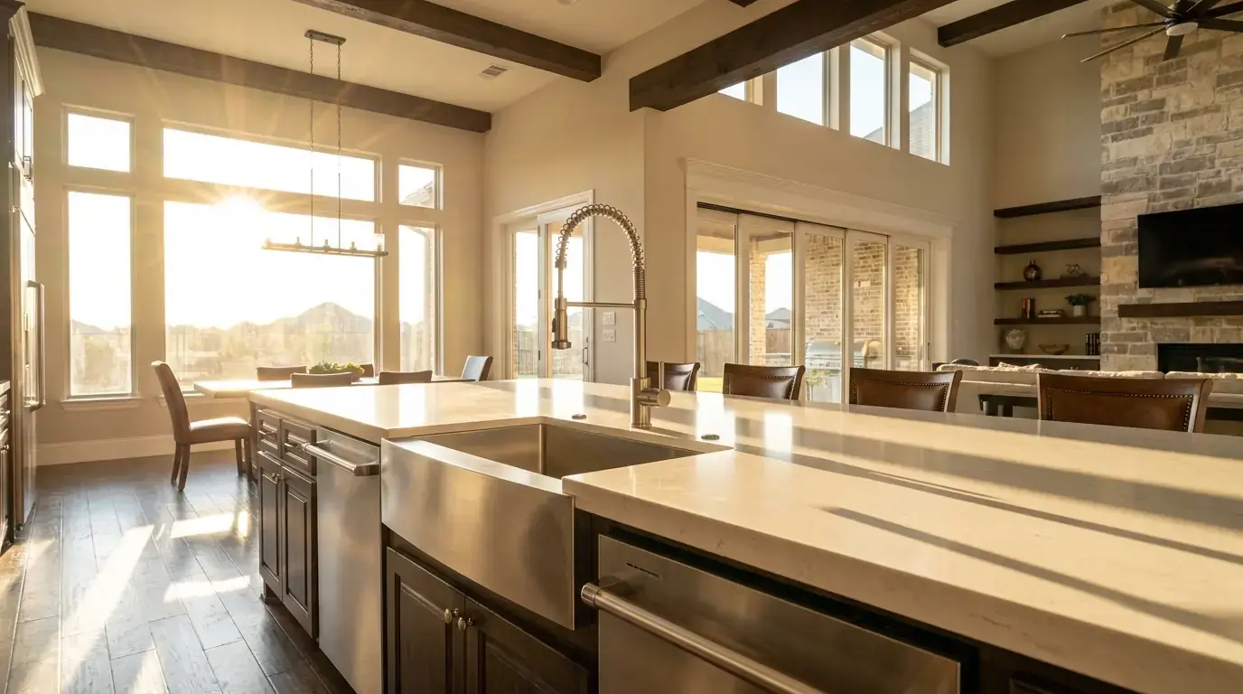 Stainless steel sink set into a kitchen island