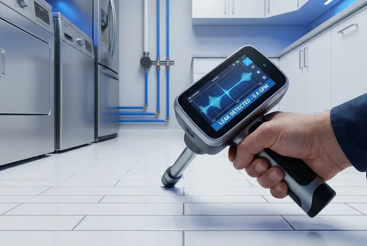 Handheld acoustic leak detector reading flow rate over a tiled floor