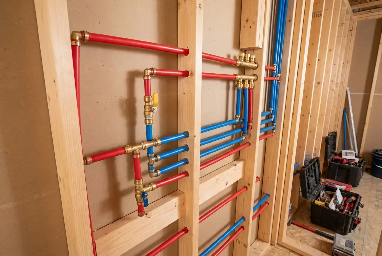 PEX supply lines and brass fittings run through open wall framing