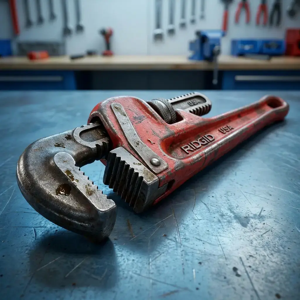 Heavy-duty pipe wrench resting on a workbench