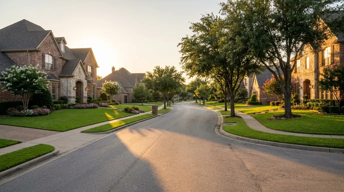 Residential street of brick homes in Prosper at golden hour
