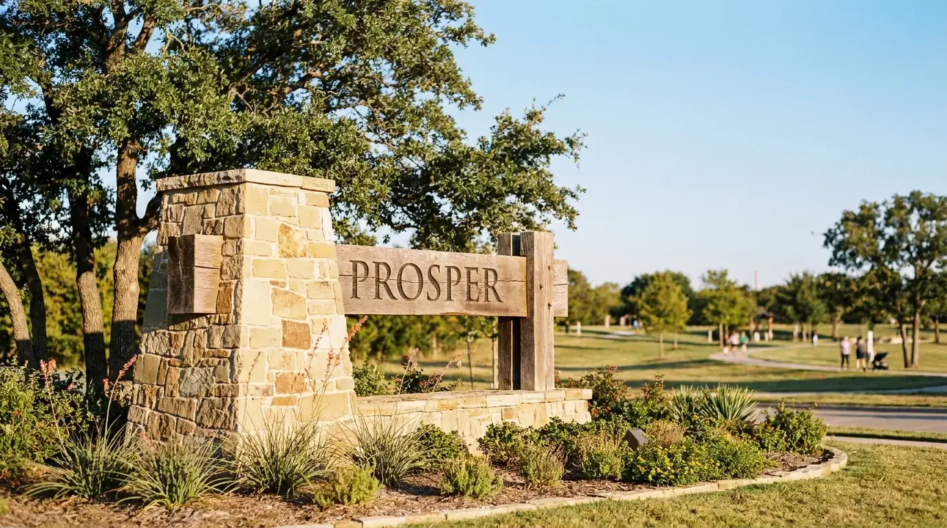 Stone entry monument reading Prosper at the edge of a local park