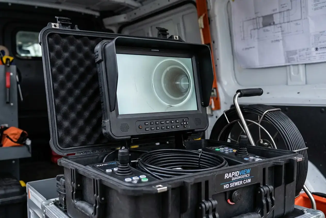 Sewer inspection camera reel and monitor showing the inside of a pipe
