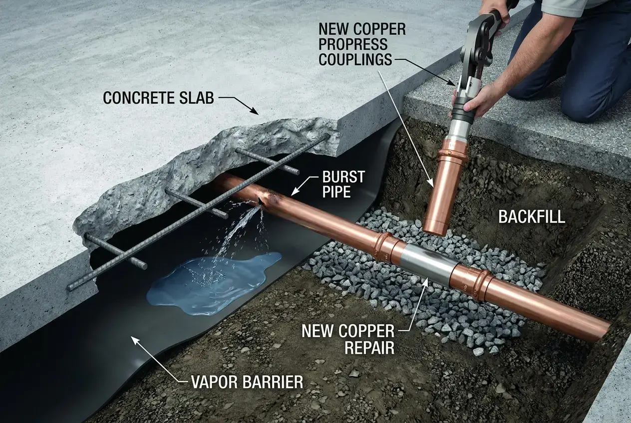 Cut-away diagram of a burst copper line under a concrete slab beside the repaired section