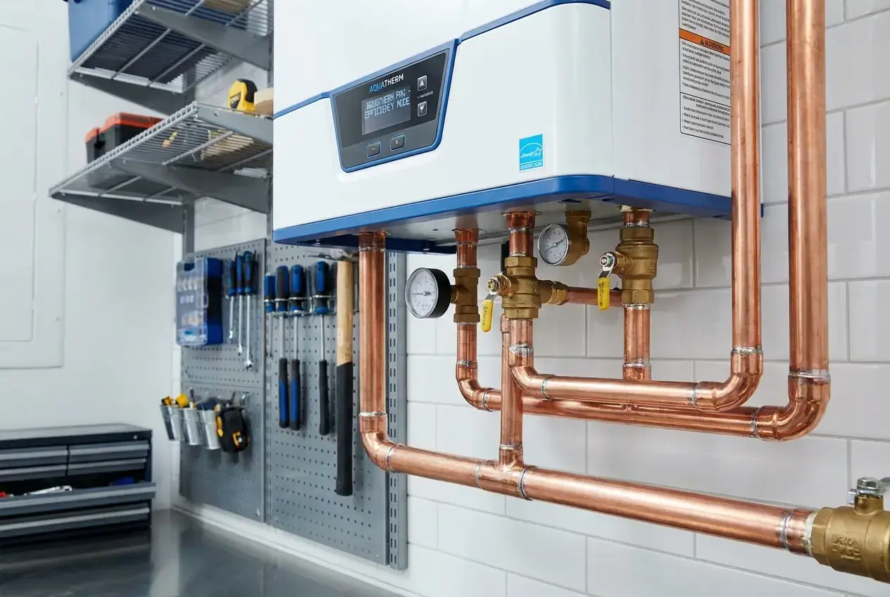 Wall-mounted tankless water heater with copper supply lines and isolation valves